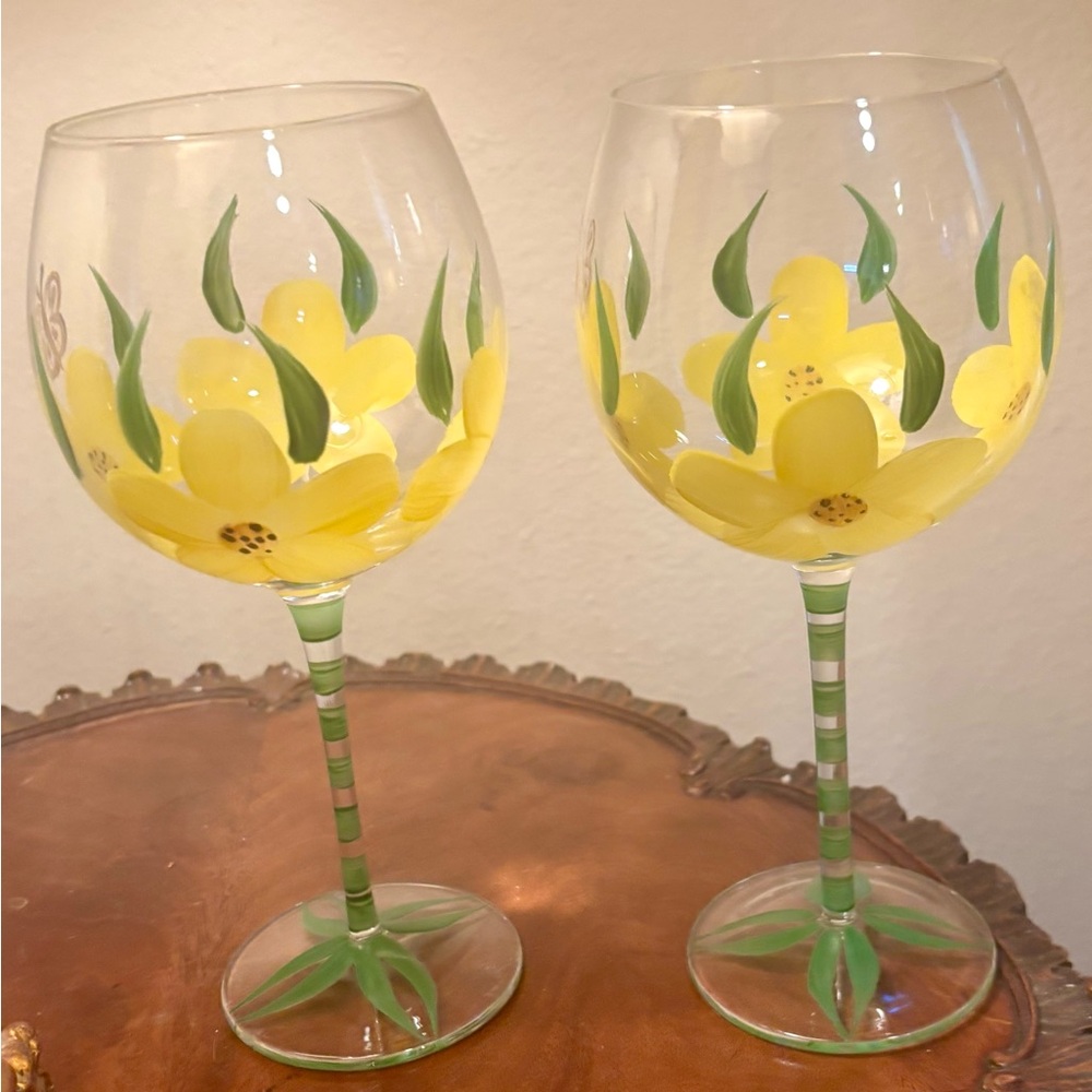 Two hand painted yellow flower wine glasses- perfect condition